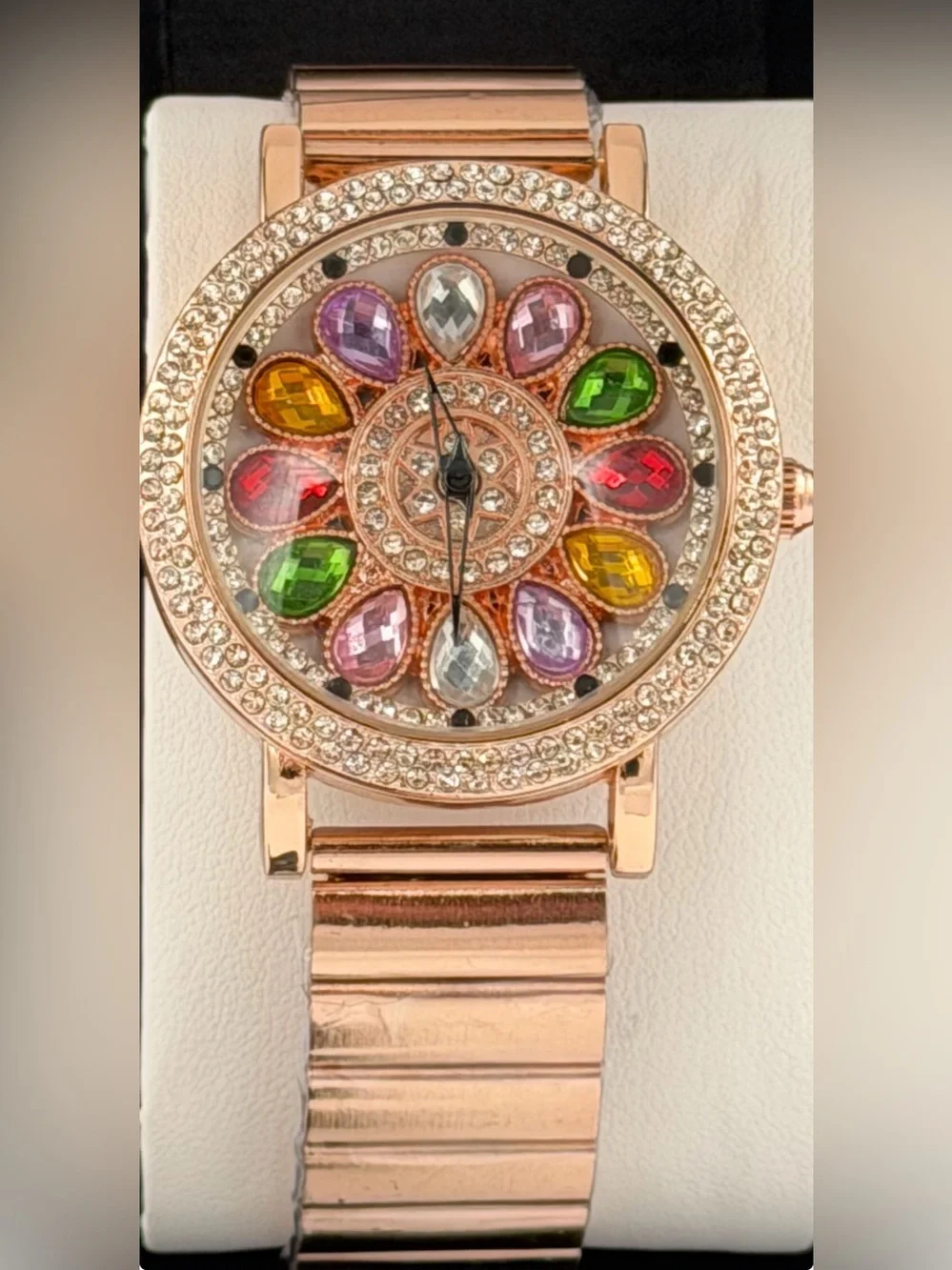Rose Gold Women's Crystal Flower Dial Bracelet Watch - Multicolor Stones
